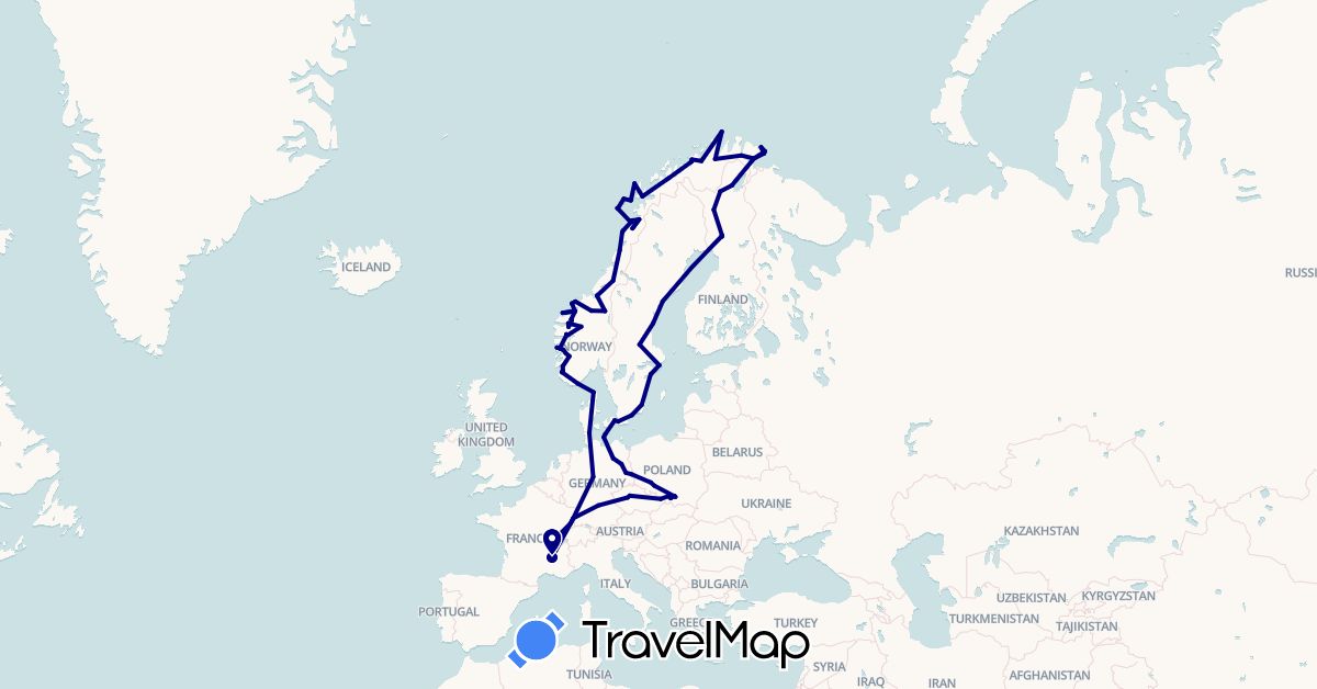 TravelMap itinerary: driving in Czech Republic, Germany, Denmark, Finland, France, Norway, Poland, Sweden (Europe)